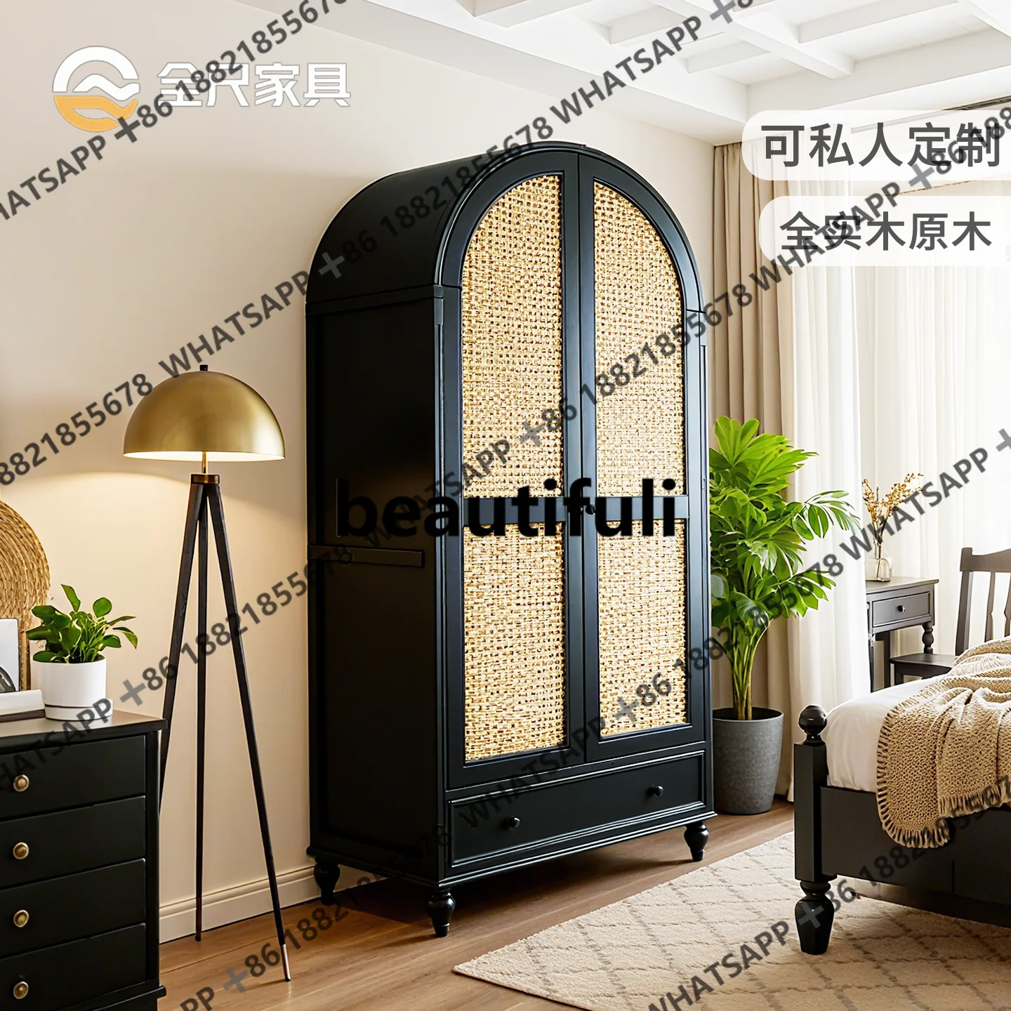 

French all solid wood rattan wardrobe storage cabinet opposite door B & B arched independent wardrobe