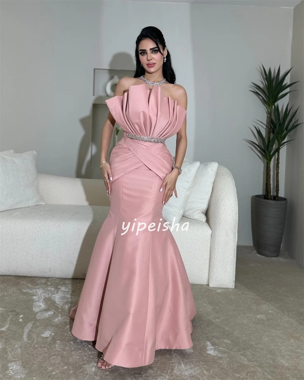 Vestidos largos sin tirantes de sirena drapeados fruncidos, vestidos de celebridades de estilo chino, satén brillante, lentejuelas, diamantes de imitación plisados, Sexy