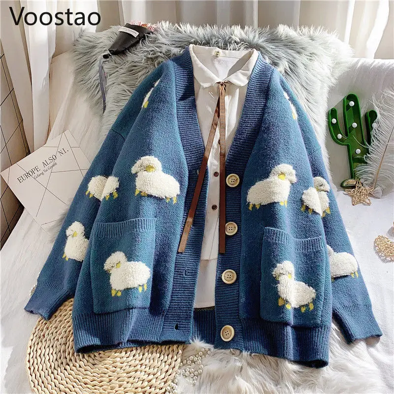 Spring Autumn Women V-Neck Kawaii Sheep Sweater Coat Korean Knitted Cardigan Female Casual Long Sleeve Loose Sueter Mujer Jacket