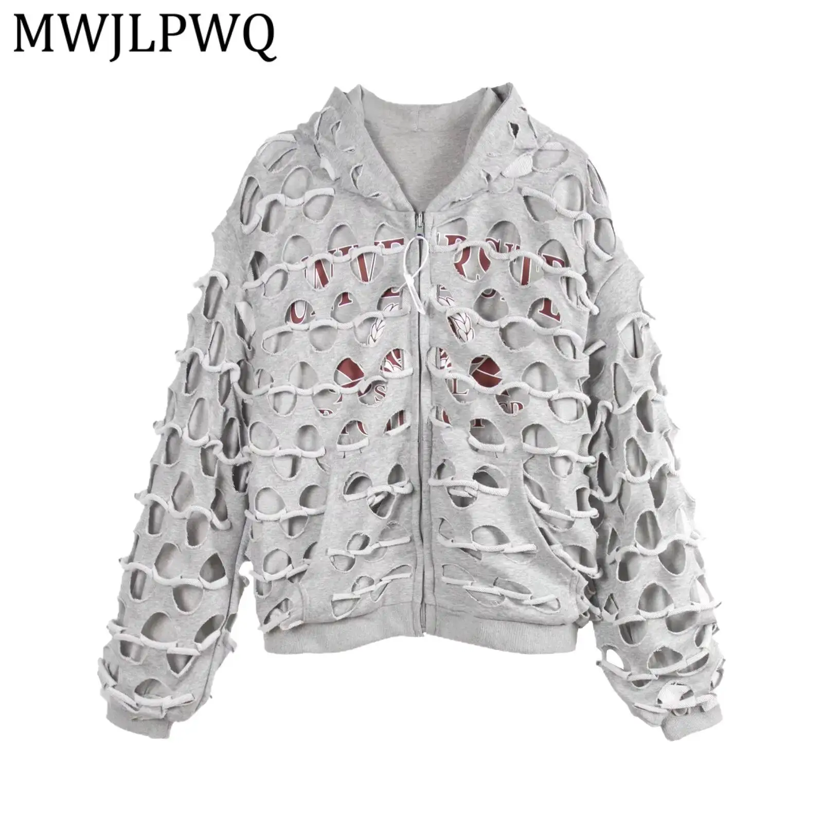 MWJLPWQ Hooded Zip Jacket Full Hollow Cut Out Layer Letter Print Side Pocket Oversized Unisex Y2k Grunge Street Outerwear 17102