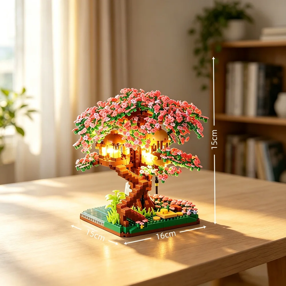 Cherry Bonsai Tree Building Blocks Set DIY Sakura Blossom Plants Bricks with Light Treehouse Model Romantic Gift for Girlfriend