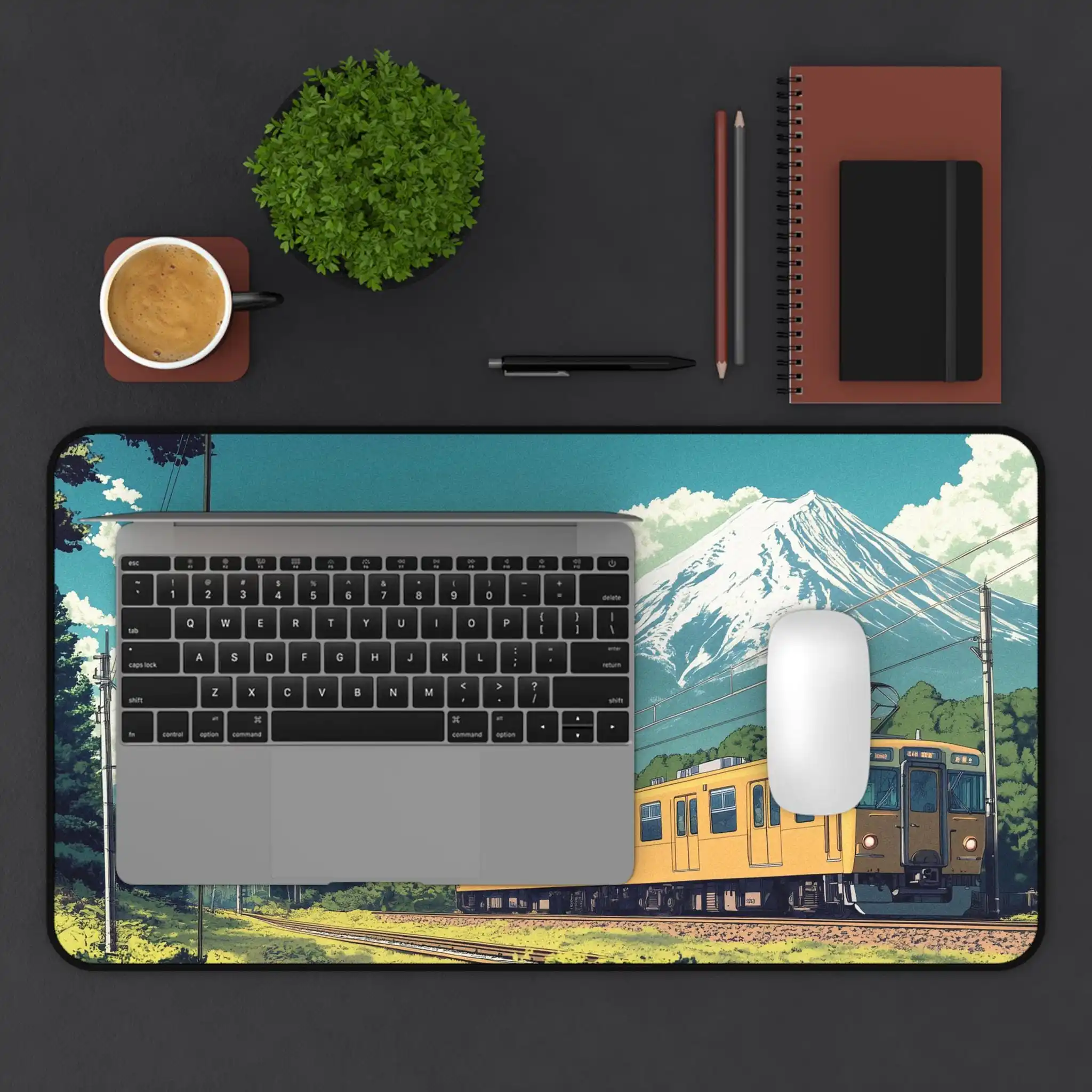 لوحة مكتب Mount Fuji Train Journey Deskmat ذات المناظر الطبيعية اليابانية لألعاب المكتب لوحة ماوس فنية لامعة هدية مثالية للاعبين