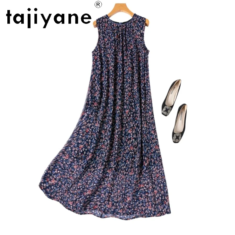 

TAJIYANE 100% шелковые платья-майки из тутового шелкопряда для женщин, длинное платье с цветочным принтом и бархатным воротником, летние платья для отпуска 2026, женская одежда, 원피스