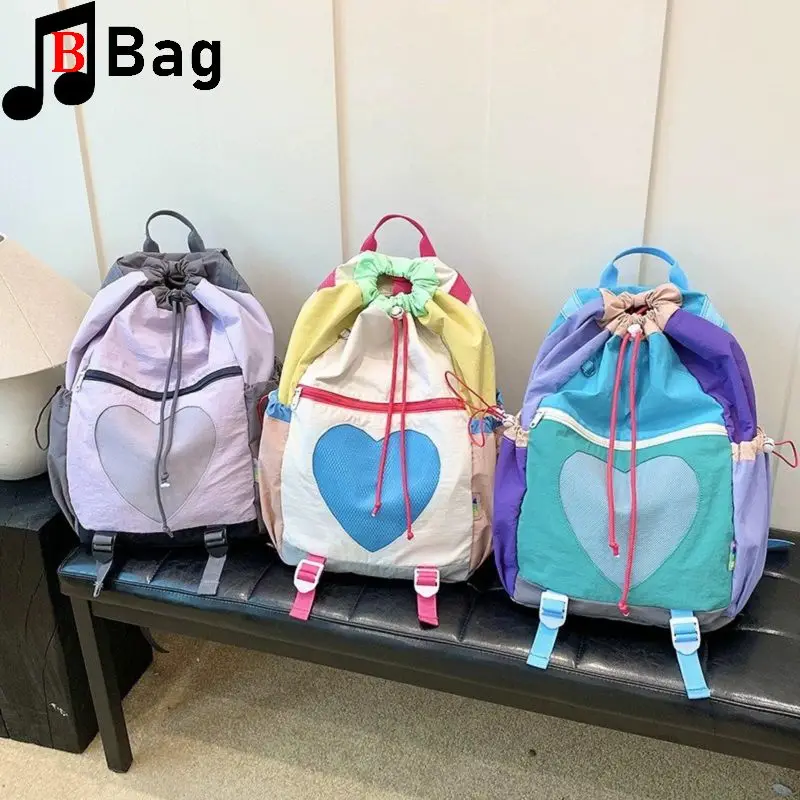 Japanese Korean Y2K Backpack for Women Ins Trendy Color Block Heart Design Large Capacity Drawstring Travel Backpack Fashion Bag