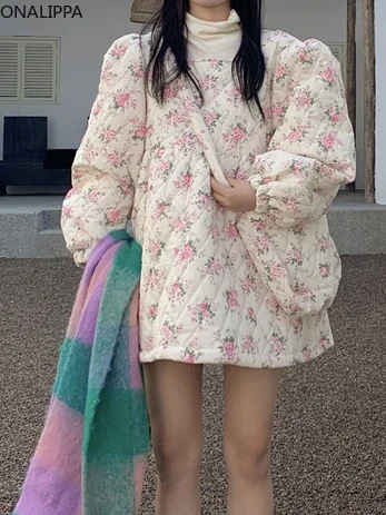 Onalippa Sweet Pink Floral Quilted Coat Square Collar High Waist Kawaii Coats Korean Fashion Chic Puff Long Sleeves Pullover