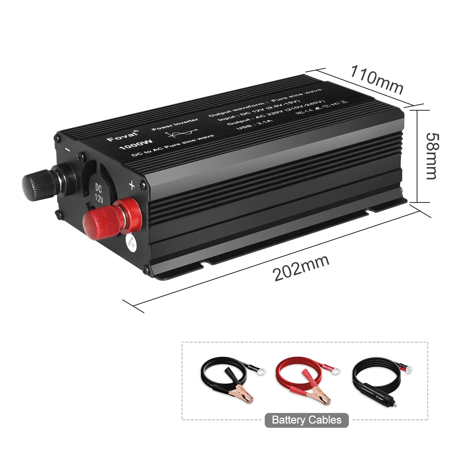 Pure Sine Wave DC 12V To AC 220V 50Hz/60Hz 1000W Car Power Inverter Transformer Converter With 3.1A Dual USB Universal/EU Socket