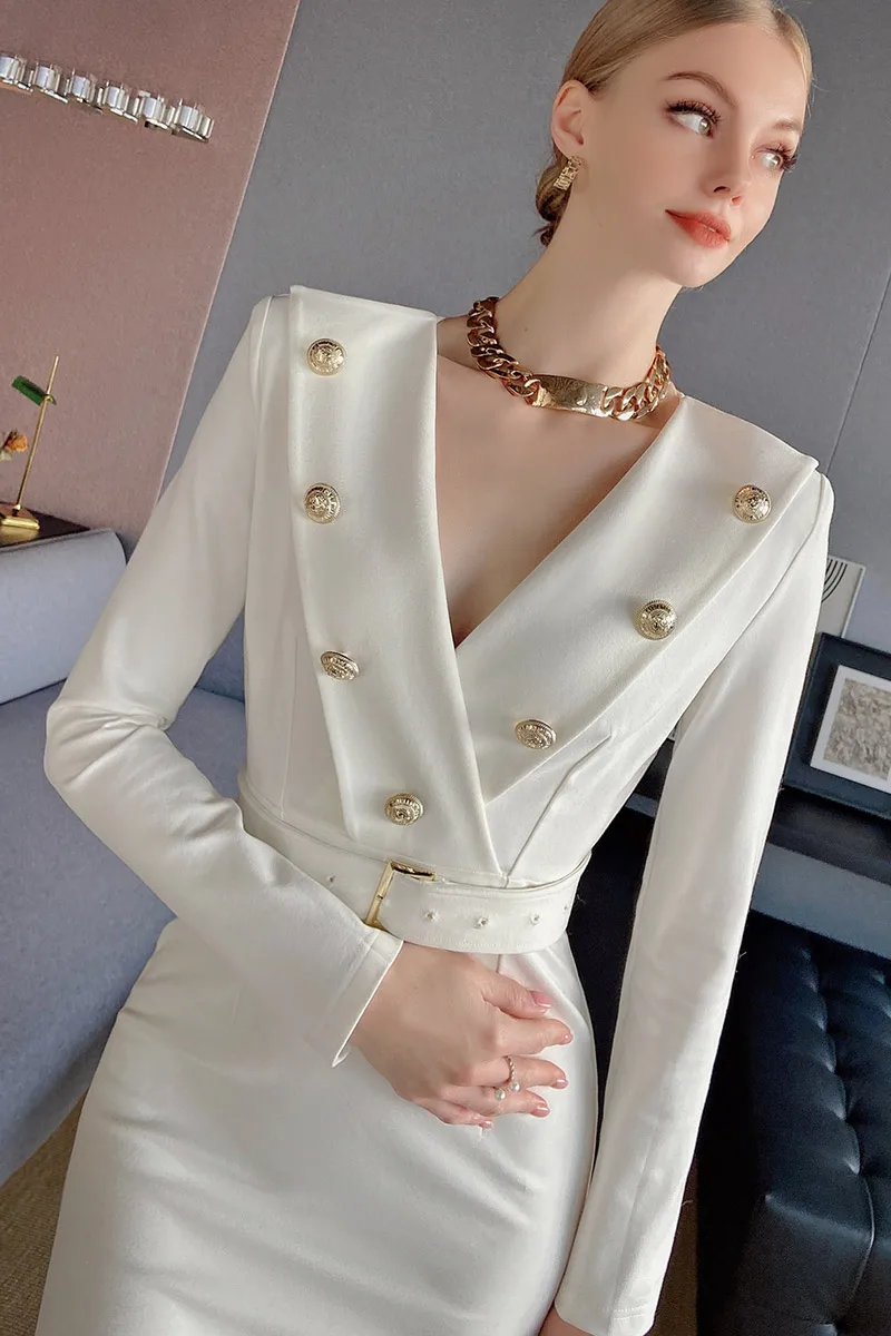 Dabuwawa Spring Autumn Dress Female Vintage Women V-Neck Long Sleeve Double Breasted Belt High Waist  Knit Dress 2023 DF1CDR042