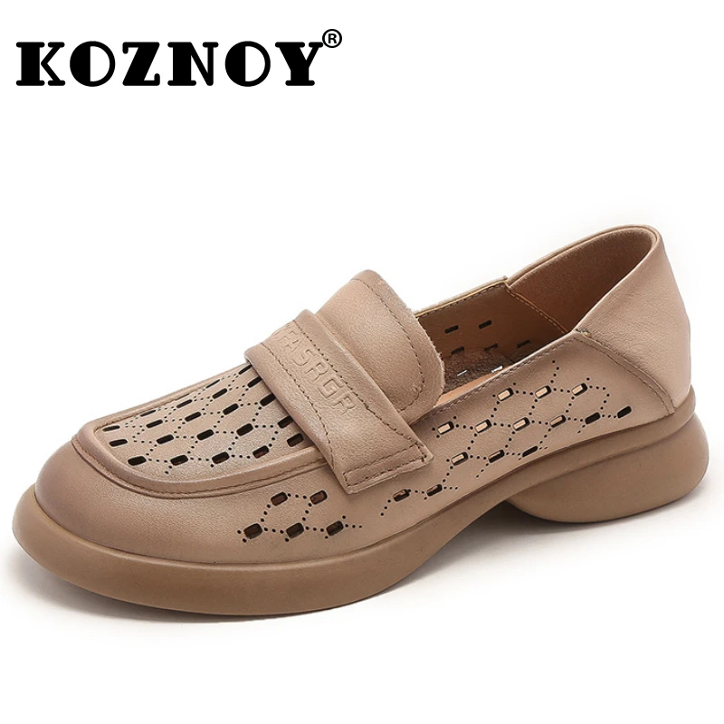 

Koznoy 3cm New Ethnic Summer Cow Soft Flats Genuine Leather Comfy Hollow Women Spring Lace Up Ladies Leisure Autumn Loafer Shoes