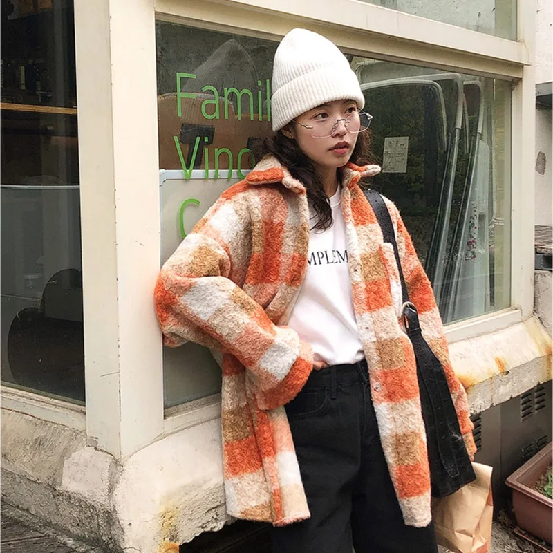 

2025 Casual Long Sleeve Shirts Women Thick Woolen Plaid Long Sleeved Shirt Jacket Women Blouses Streetwear Coat Loose Shirt Tops