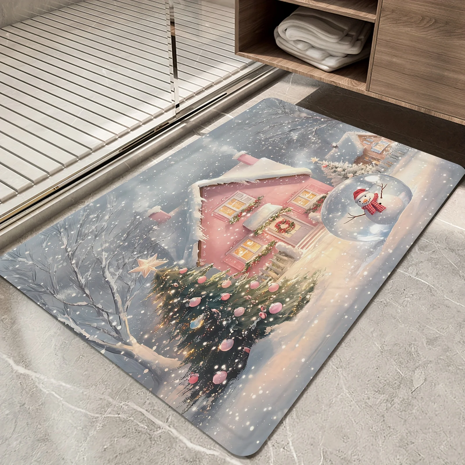 

Dreamy Winter Pink Cabin Print Soft Carpet Bathroom Non-silp Doormat Suitable for Livingroom Entrance Decorative Accessories Pad