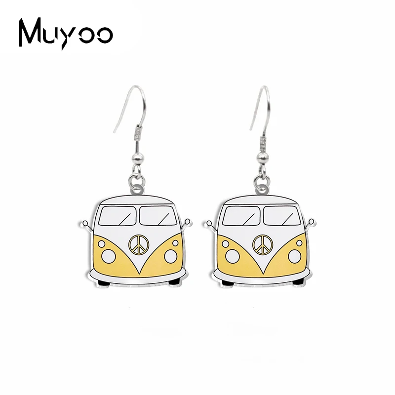 2020 New Arrival Hippie Peace Bus with FLowers Handcraft Epoxy Acrylic Resin Fish Hook Dangle Earrings