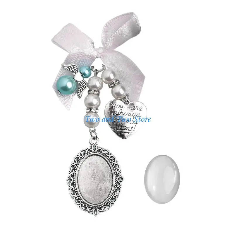 HX6F Wedding Bouquet Charm Lace Oval Bridal Bouquet Angel Charm Memorial Photo Charm You Are for Always on My Heart Charm