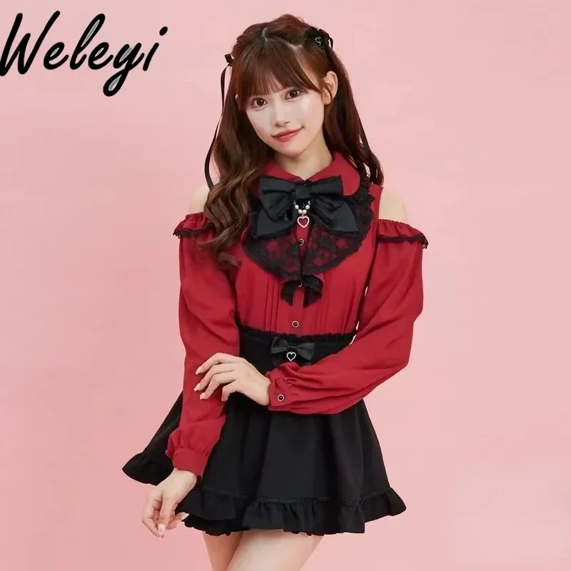 Jirai kei kawaii lolita hemden frauen herbst von der schulter schleife anhänger liebe spitze kante mine massen produktion camisas e blusas