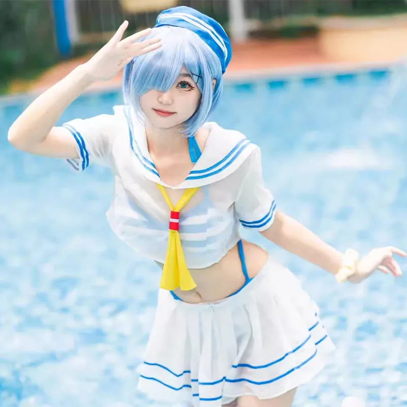 Rem cosplay traje anime re vida em um mundo diferente de zero ram peruca verão maiô empregada ternos de marinheiro para mulher