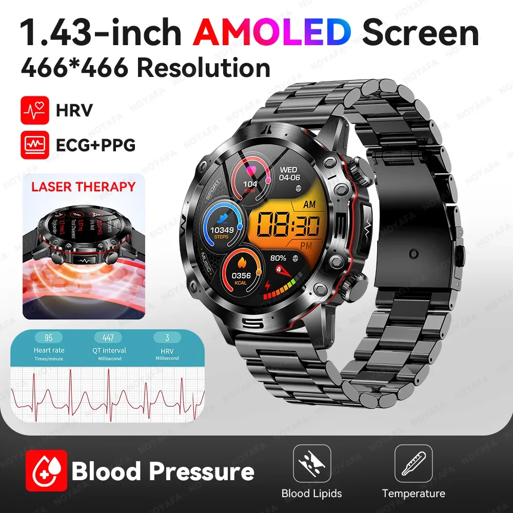NOYAFA 2025新型スマートウォッチ 血中脂質 尿酸 血圧 メンズ ECG+PPG フィットネストラッカー 時計 スポーツスマートウォッチ