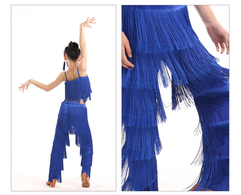 Lateinamerikanische Tanzkleider, Ballkleider mit Fransen, Kleid mit Fransen und Hose, Paillettenkleid mit Fransen, Salsa- und Samba-Kostüm, Kinder- und Jugendkostüm, Cosplay-Kostüm für Mädchen. – Detail 12