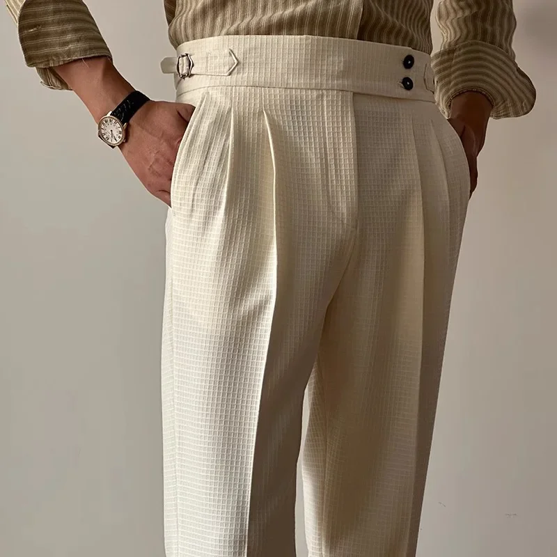 Vintage Belt-up High Waist Trousers Men Spring Summer Fashion Solid Color Waffle Breathable Pants Mens Old Money Aesthetic Pants