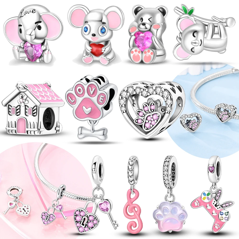 Dijes originales de Plata de Ley 925 certificados con forma de pata de gato rosa, hueso, elefante, corazón, oso, máquina de juego, cuentas aptas para pulsera para mujer Diy Je