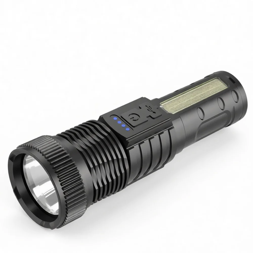 Bright Handheld LED Flashlight Zoomable Tactical Torch High Output Light With Red Blue Strobe For Security Patrol Camping Gear