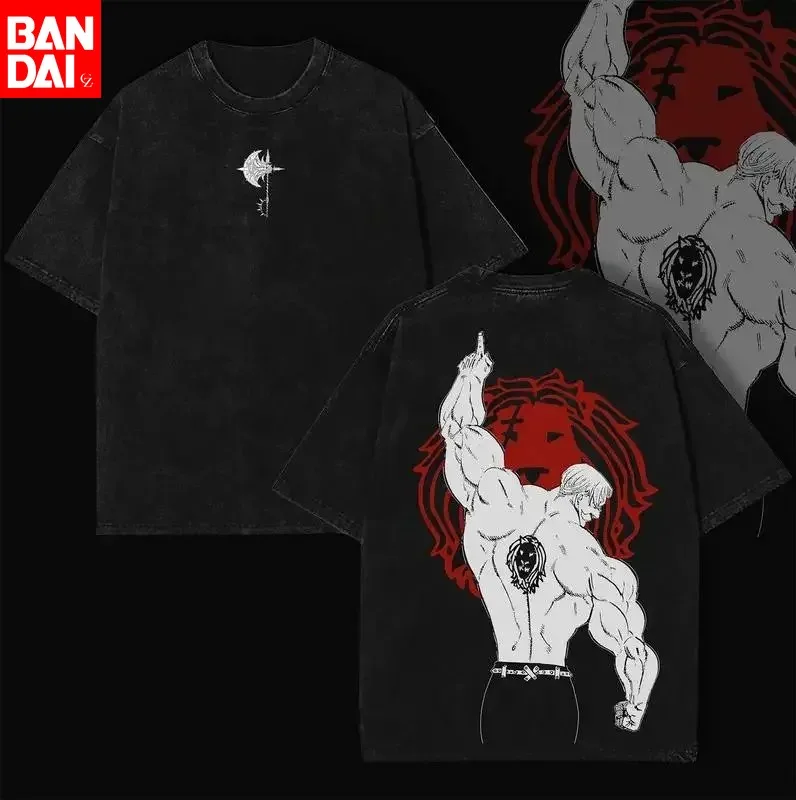 Camiseta vintage negra lavada con estampado de anime para hombre, Escanor, Los Siete Pecados Capitales, camiseta gráfica oversize, ropa urbana, camisetas de manga corta para gimnasio