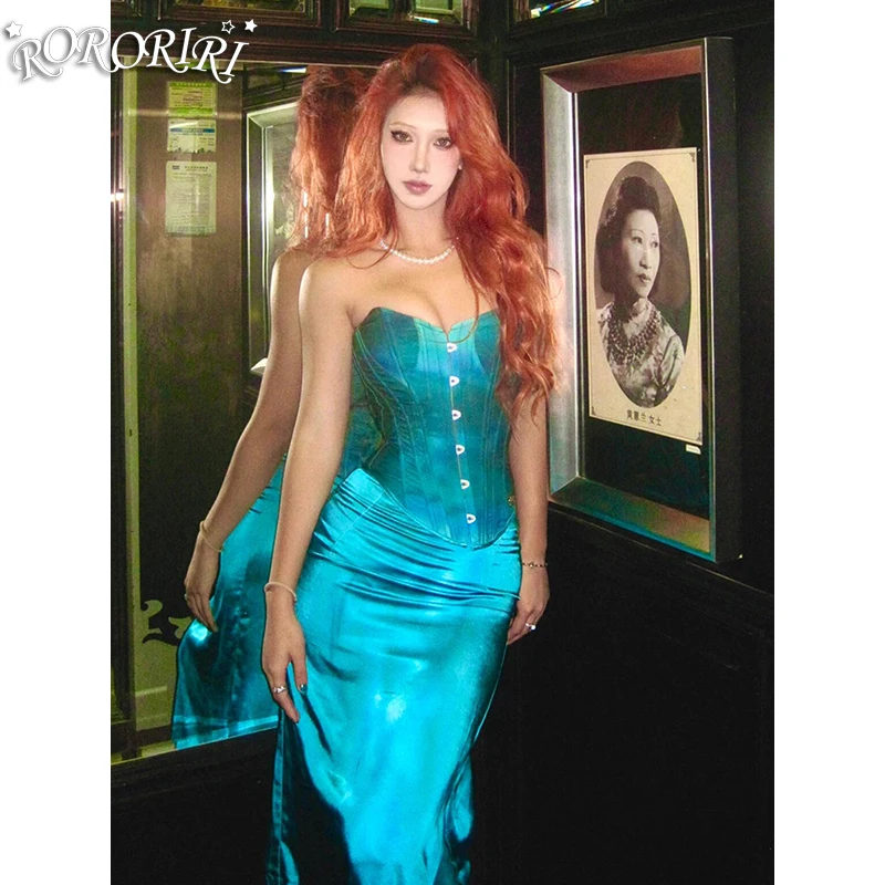 

RORORIRI Hooks & Eyes Boned Corset Top Skirt Women Set Satin Lace-up Tube Top Mermaid Long Skirt Birthday Party Vintage Clothes