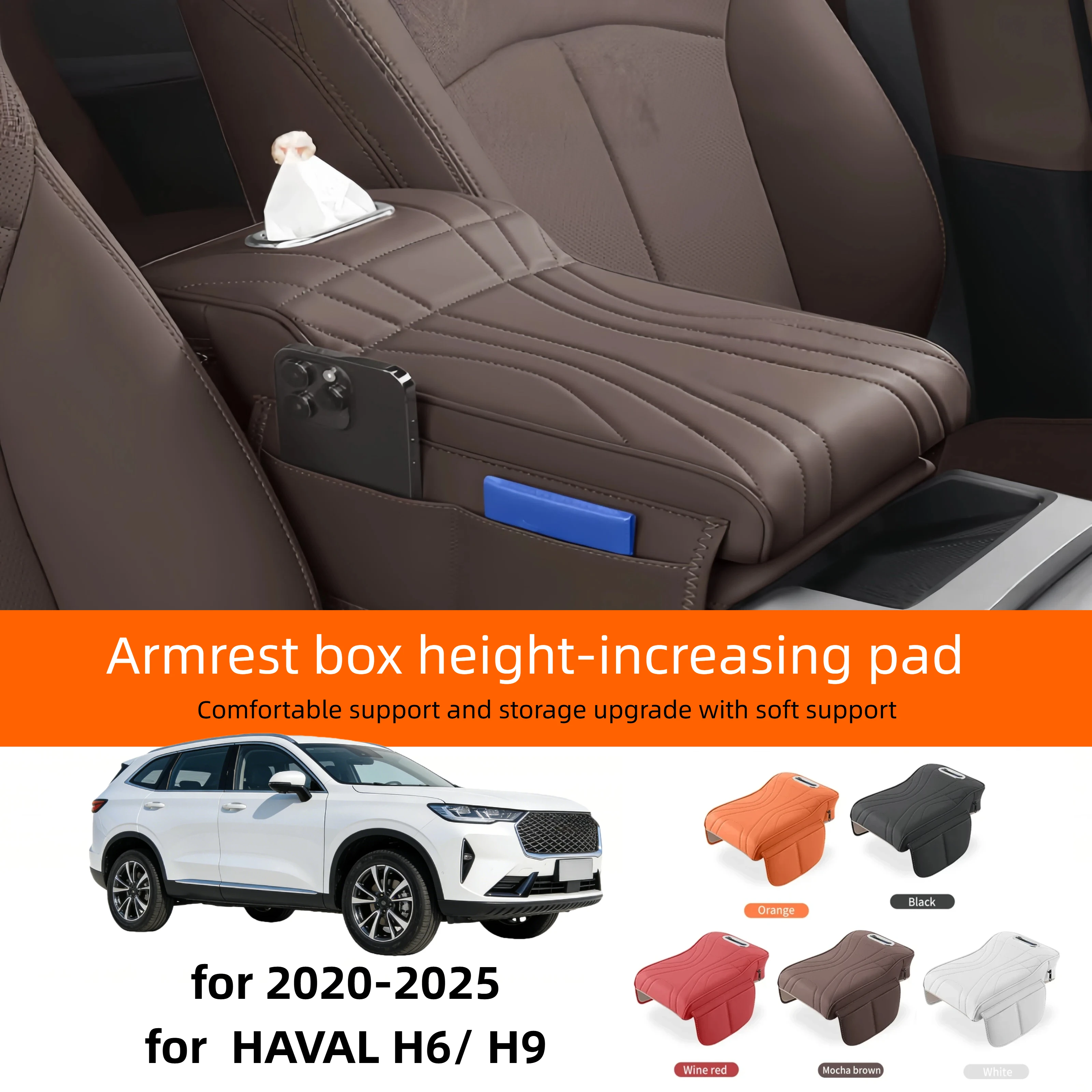 Car Central Armrest Cushion for 2020-2025 HAVAL H6/ H9 - Thickened Heightened Protective Cover with Tissue Storage