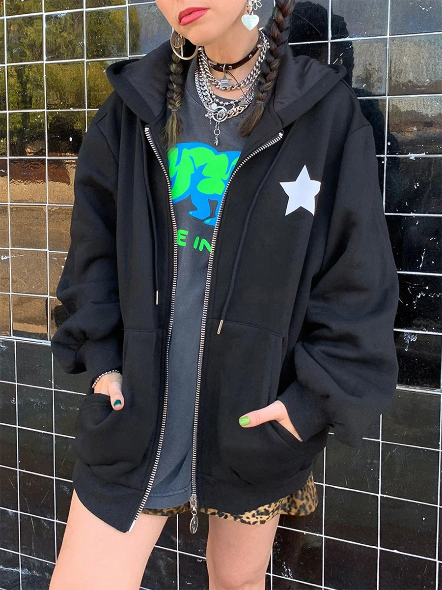 

Women s Gothic Hooded Jacket Star Print Pattern Zip Up Fall Loose Coat Streetwear with Pockets