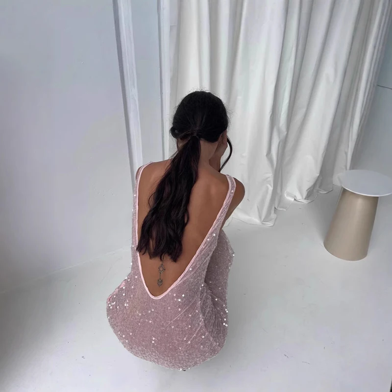 2025, neue Nette Casual Wear Durchsichtig Rosa Pailletten Kleid Sexy Dame Backless Club Party Sling Sommer Schlank Prom Lange Kleider Mujer