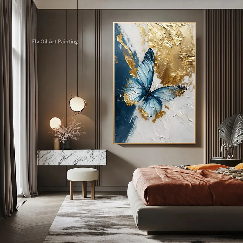 100% Handpainted Blue Butterfly Oil Painting Gold Foil Thick Texture Abstract Canvas Wall Art Black Yellow Artwork For Decor