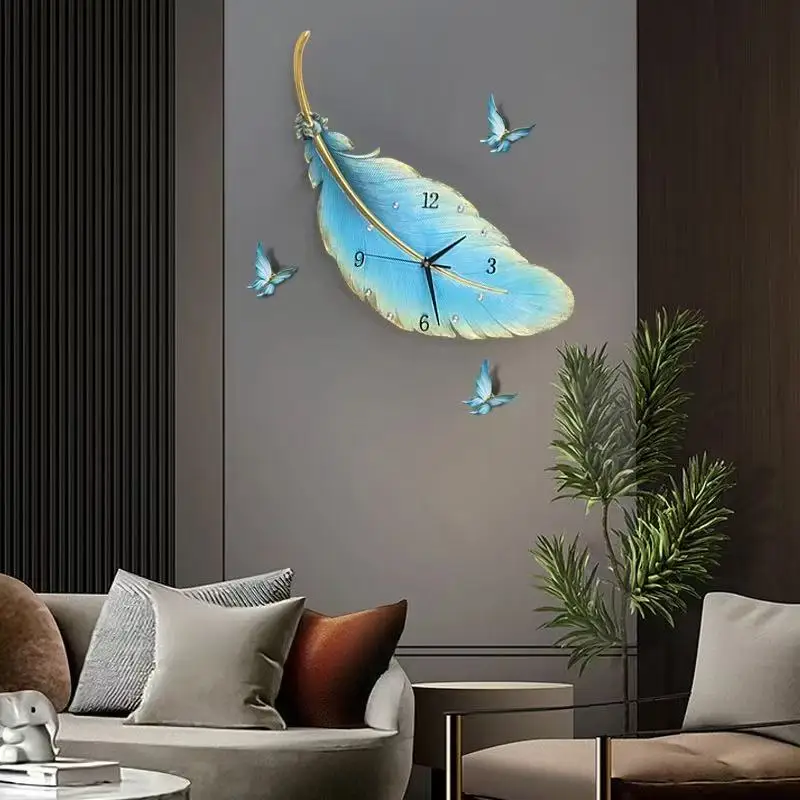 Light Emitting Diode Night Light Modern Luxury Resin Wall Decor Watch Feather Clock Home Decor