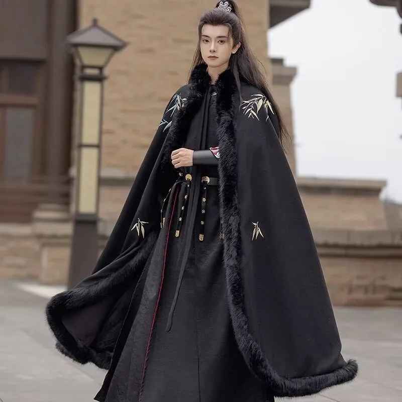 

Winter Chinese Hanfu Cloak Men Vintage Hanfu Suits Male Carnival Cosplay Costume Warm Thicked Black Hanfu Robe Plus Size
