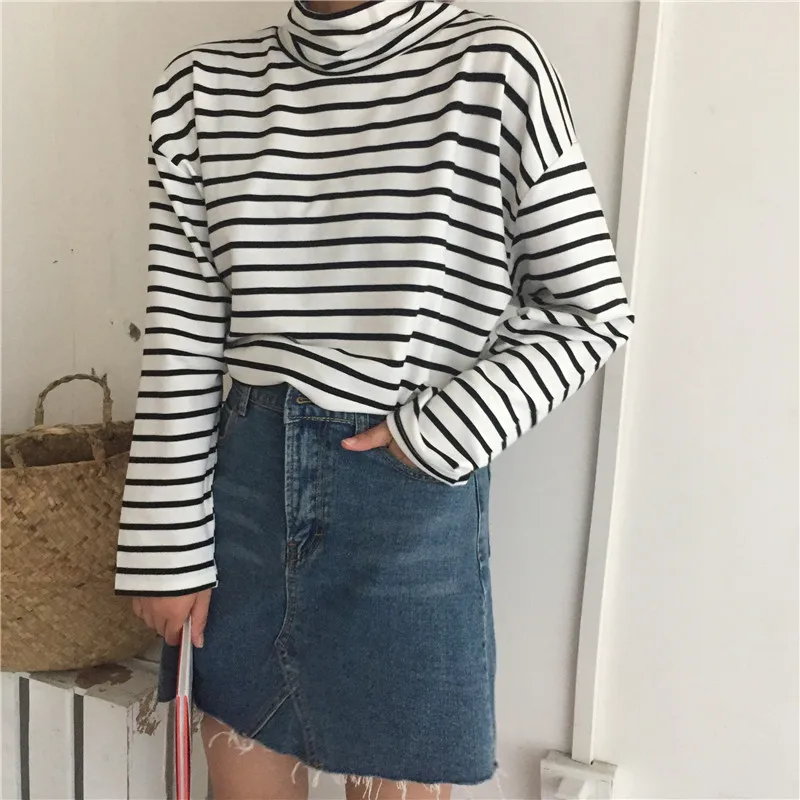 Tops de cuello alto de manga larga para otoño, camiseta ajustada de bajo de punto, suéter de moda coreana, jersey de Harajuku, ropa para mujer, jersey