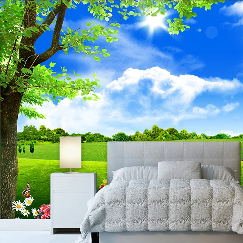 

Custom 3D Mural Wallpaper Blue Sky White Cloud Tree Scenery Living Room TV Sofa Background Non-Woven Straw Wallpaper Decor Mural