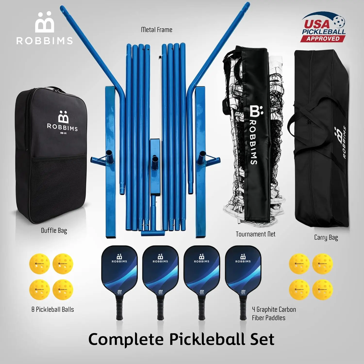 Approved Graphite Paddles, Duffle Bag, Regulation Size Pickleball Net System, Assembl