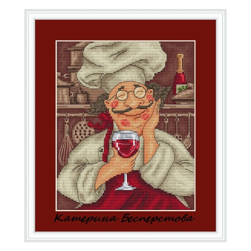 

Cross-stitch set Chef Red wine and Kiss 28CT, 18CT, 14CT, 11CT. Optional printed fabric handcrafted material pack saga