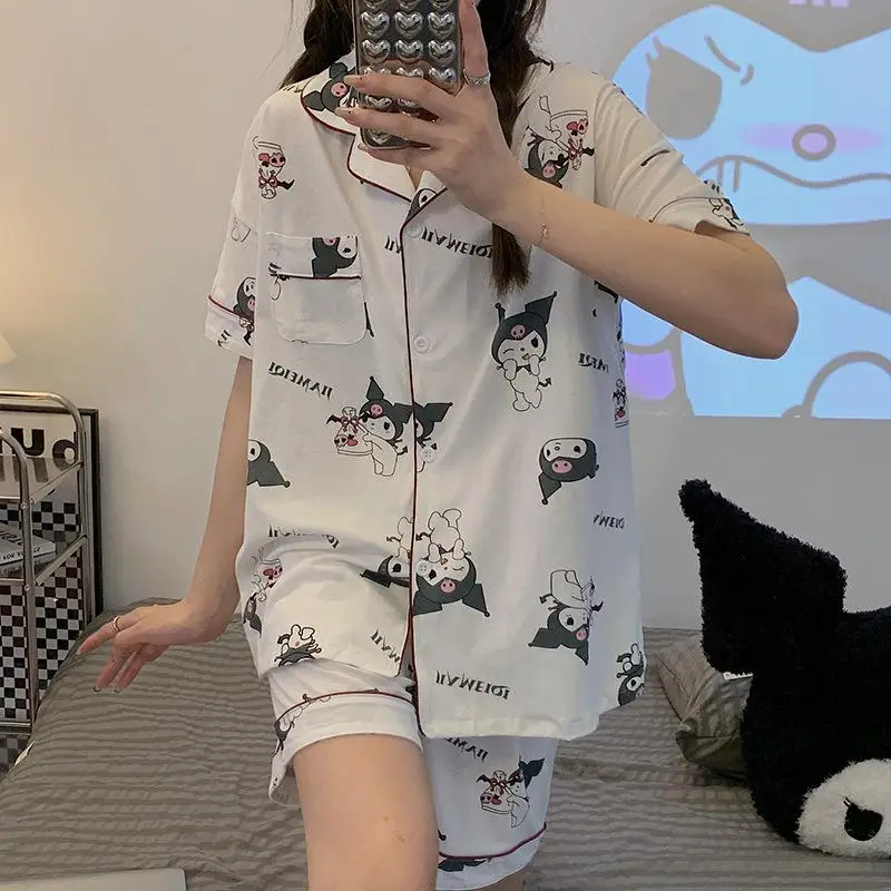 Sanrio Cinnamoroll Pajamas Anime My Melody Kuromi Summer Leisure Thin Short Sleeve Ms. Loungewear 2 Piece Set Pajamas Set