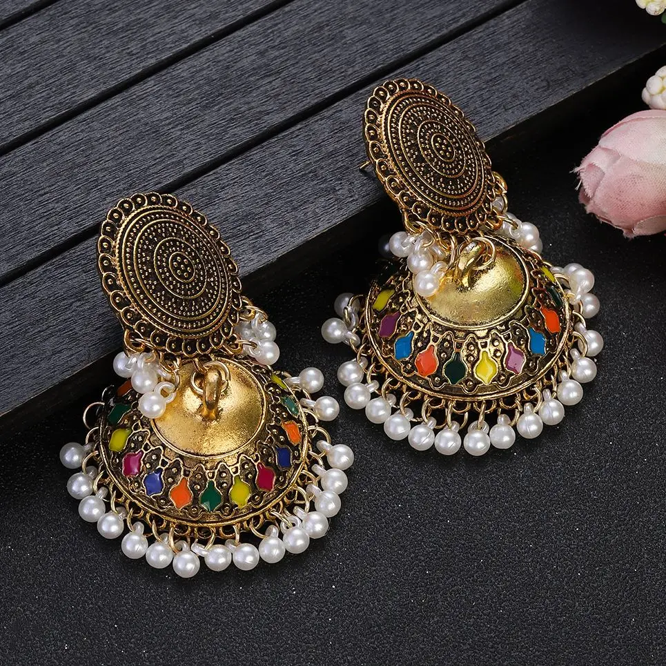 Ethnic Gold Color Jhumka Gypsy Jewelry Vintage Round Carved Oxidized Earrings Big Lantern Pearl Tassel Earrings for Women