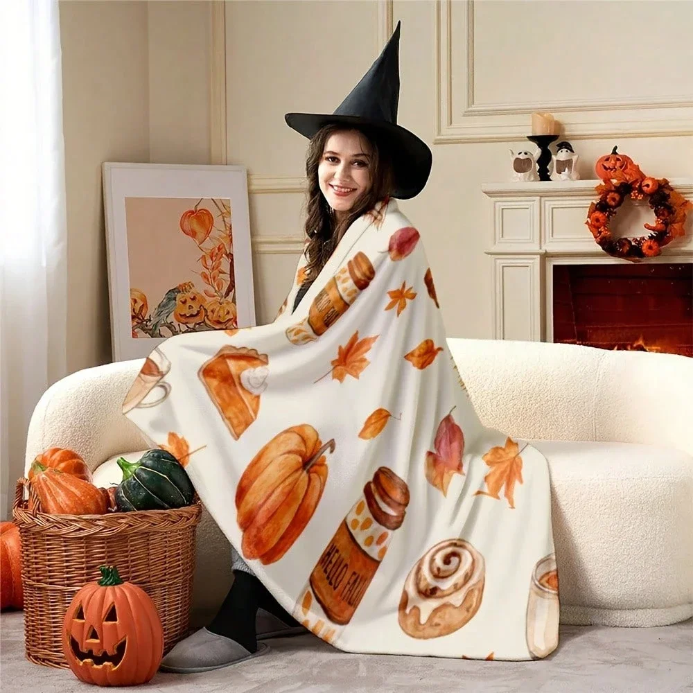 1PC Beige Watercolor Autumn Pumpkin Maple Leaf Plaid Toast Coffee Can Full Print Flannel Throw Blank Blanket Sofa Bed Comfort
