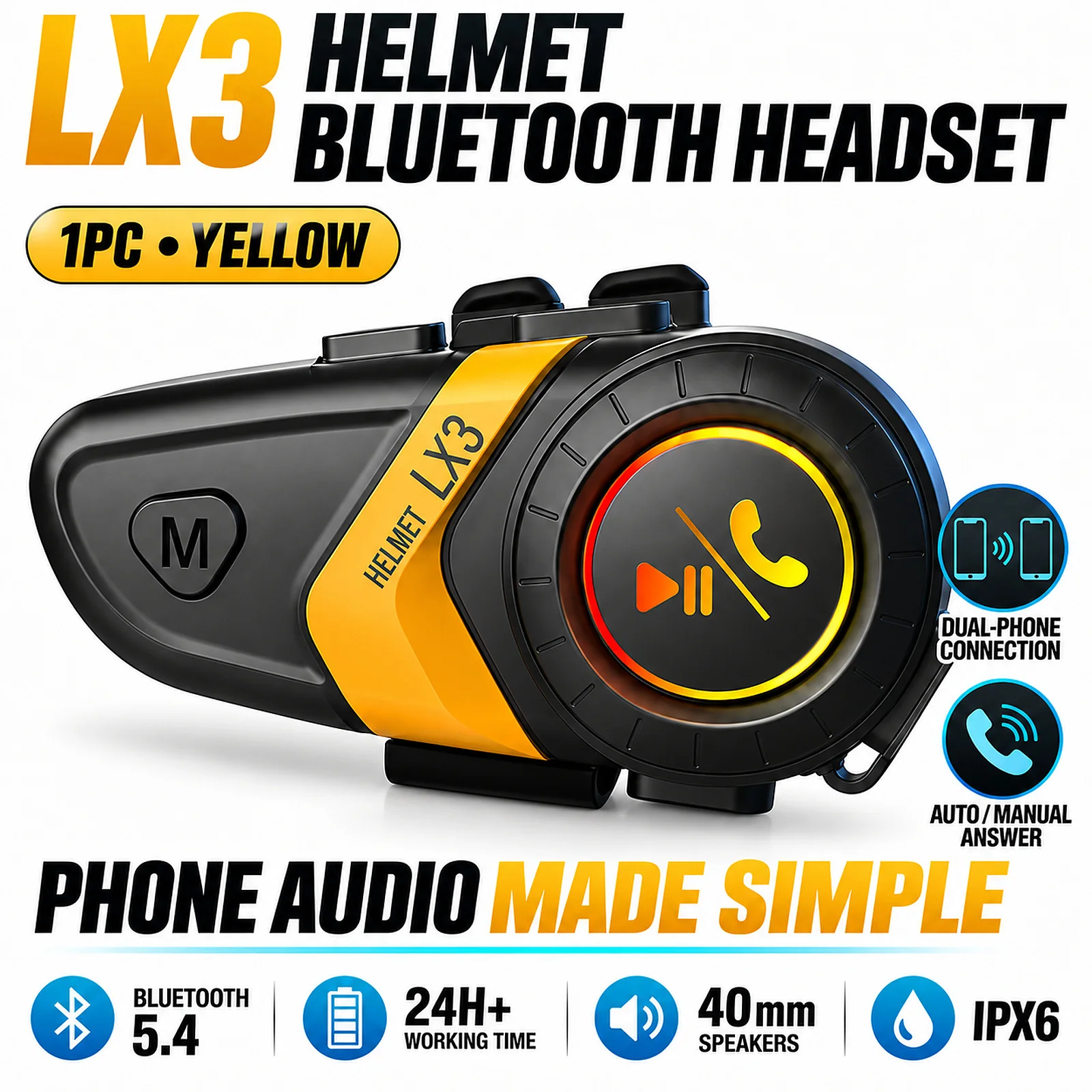 Motorcycle Bluetooth Headset for Helmet LX3, Bluetooth 5.4, 40mm Speakers, 24H+ Playtime, IPX6, Voice Assistant, Yellow