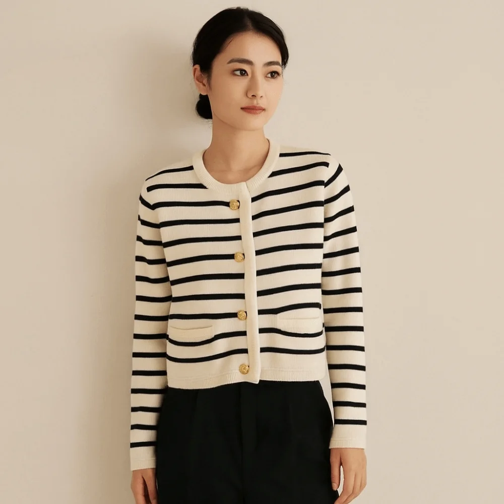 سترة صوفية مخططة بأكمام طويلة، سترة قميص واحدة الصدر، رقبة مستديرة، مخططة، تريكو، زر أمامي على طراز Preppy