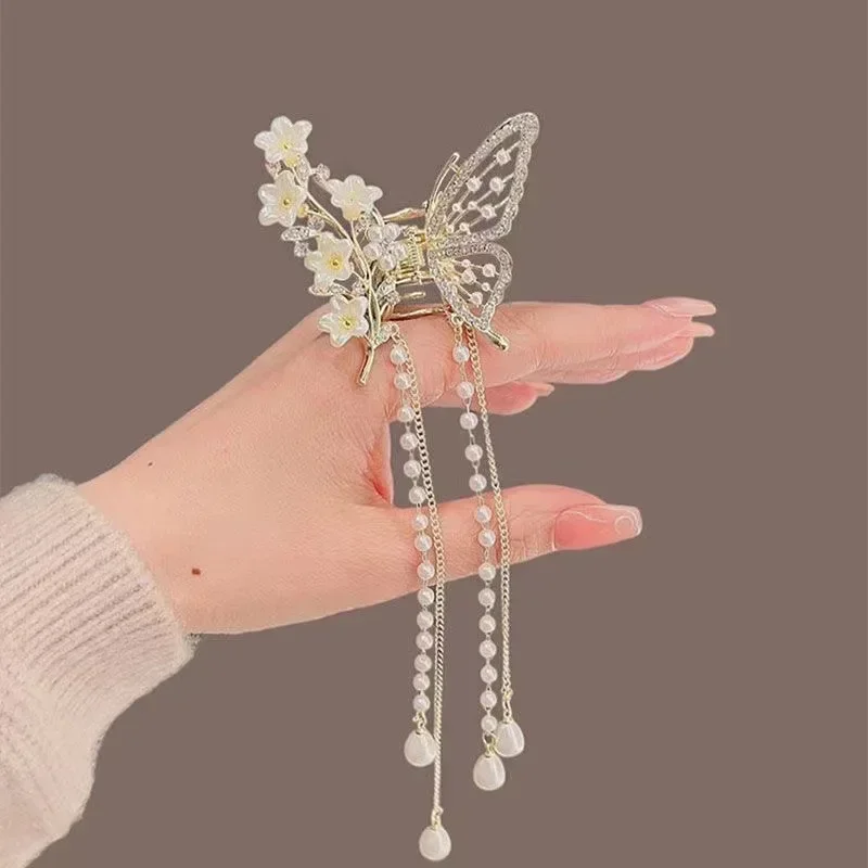 

Butterfly Tassel Pearl Hair Claw Red Flower Festival Hairpin for Girls Ponytail Hair Clips Crab Women Fashion Accessories Gifts