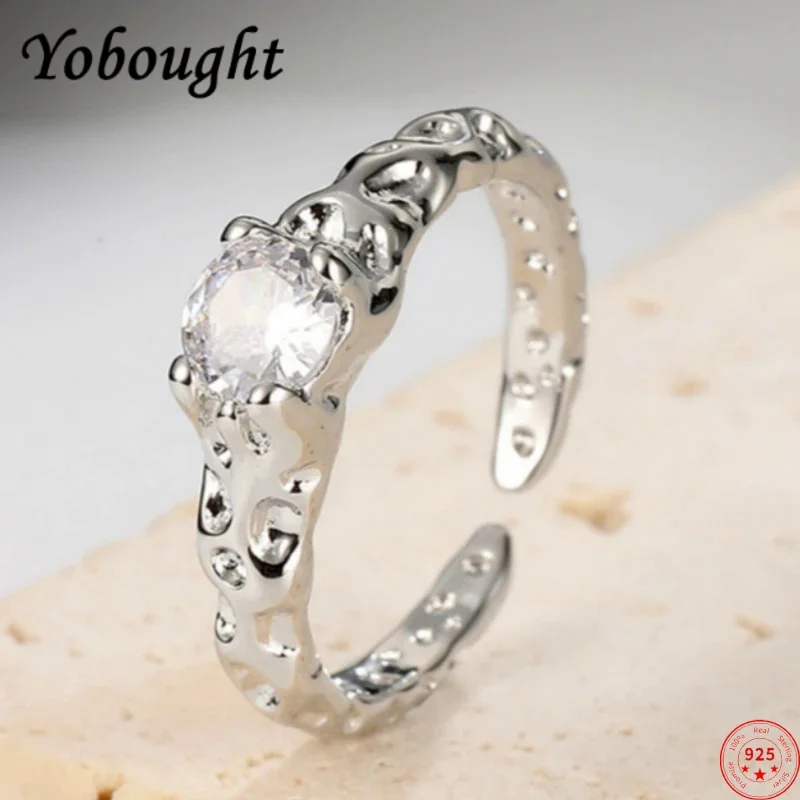 

S925 Sterling Silver Rings For Women Men New Fashion Irregular Lava Texture Inlaid Zircon Adjustable Punk Jewelry Christmas Gift