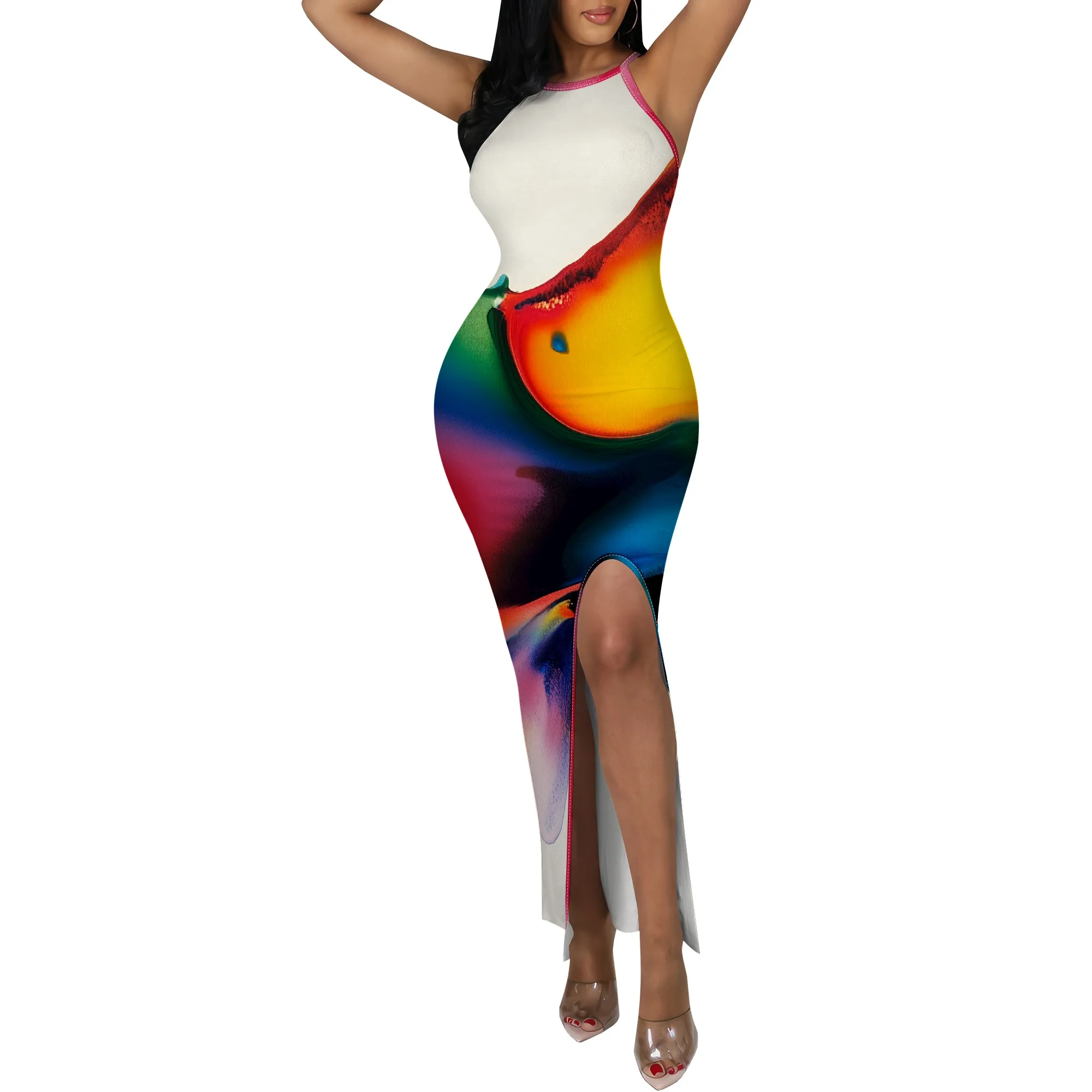 Women's Colorful Abstract Print Maxi Dress | Rainbow Gradient, Side Slit, Sleeveless | Perfect for Summer Parties, XS-3XL