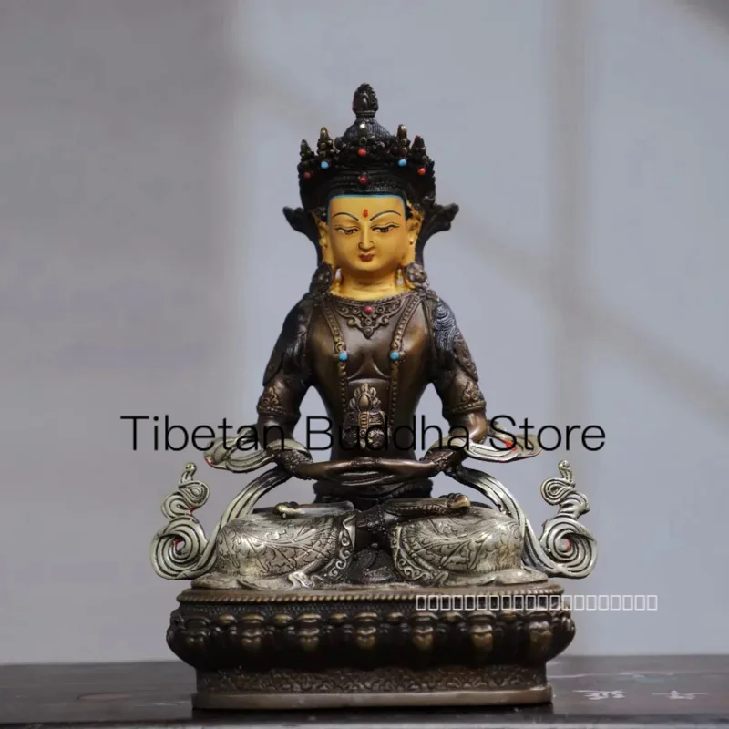 

21cm Tibetan pure copper painted and inlaid with gemstones, gilded gold and silver, longevity Buddha statue