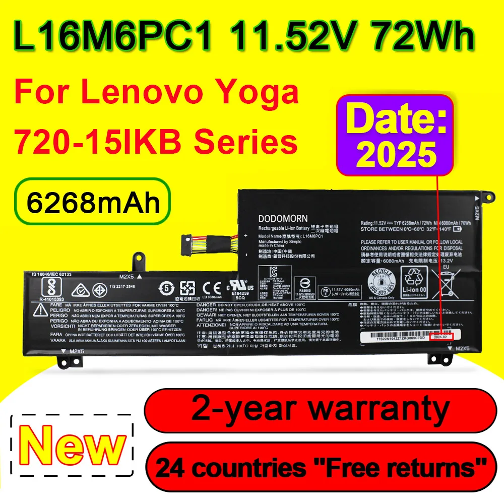 

11.52V 72Wh L16M6PC1 L16L6PC1 L16C6PC1 Laptop Battery For Lenovo Yoga 720-15IKB 80X7 Series 6268mAh In Stock Rechargeable