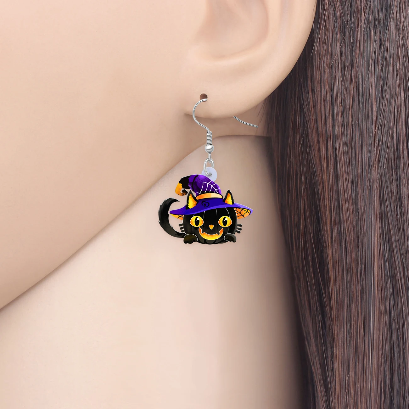 WEVENI Acrylic Halloween Black Cat Earrings Cartoon Witch Hat Pumpkin Lantern Kitten Drop Costume Jewelry Witchy Gifts For Women