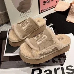 Women's Slippers 2024 New Fashion Letter Design Thick-soled Slippers Zapatillas Mujer Winter Plush Warm Indoor Open Toe Slippers