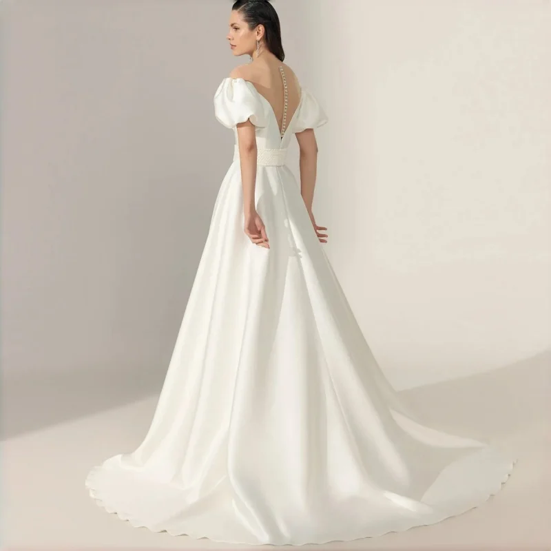 A-Line Wedding Dress Detachable Puff Sleeves Illusion Mesh Deep V-Neck Inset Bead Belt Button Back And Invisible Zipper Custom