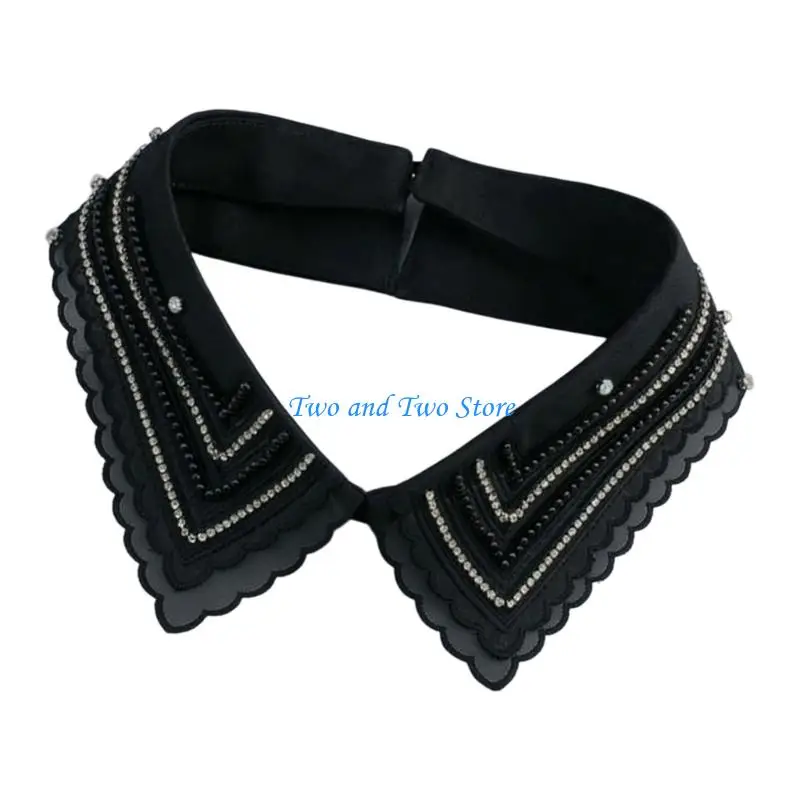 HX6F Women False Lapel Collar Luxurious Lace Spread False Collar Rhinestones Collar