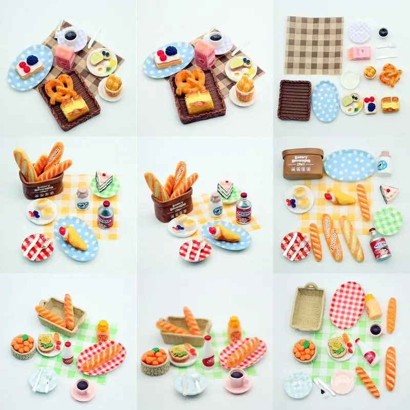 ●1Set Dollhouse Mini Breakfast Play Dim Sum Bread Jam Plate Model Miniature Kitchen Cooking Baking Model DIY Doll Accessories
